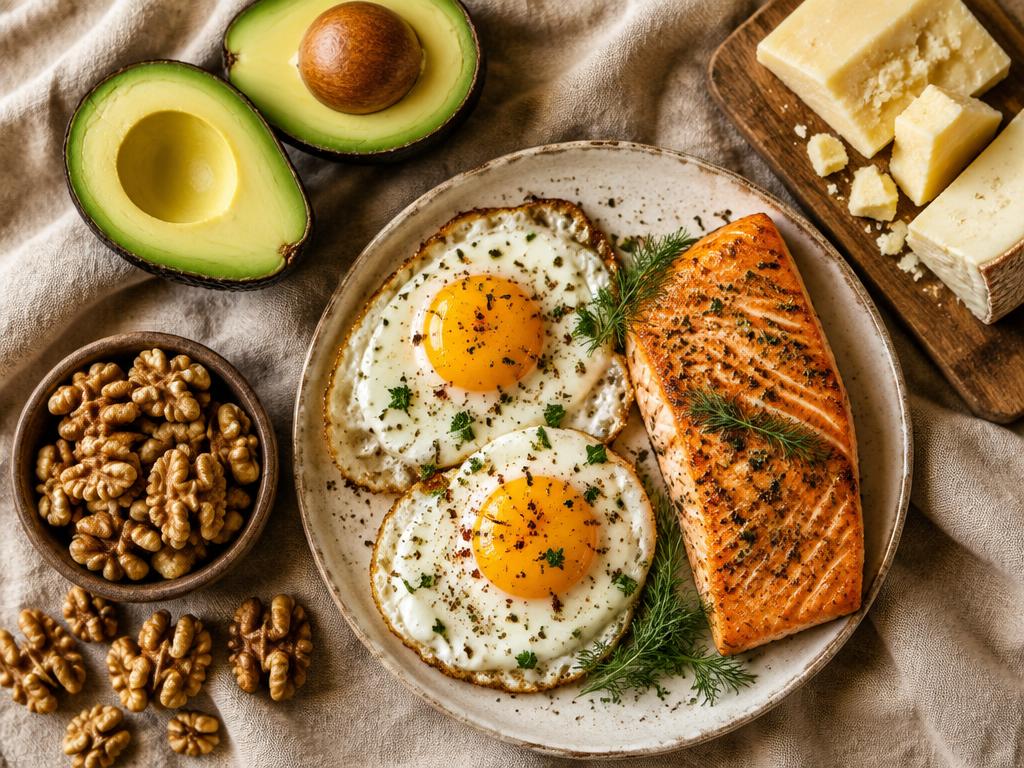 Plato con aguacate, huevos, salmón y nueces sobre tela de lino