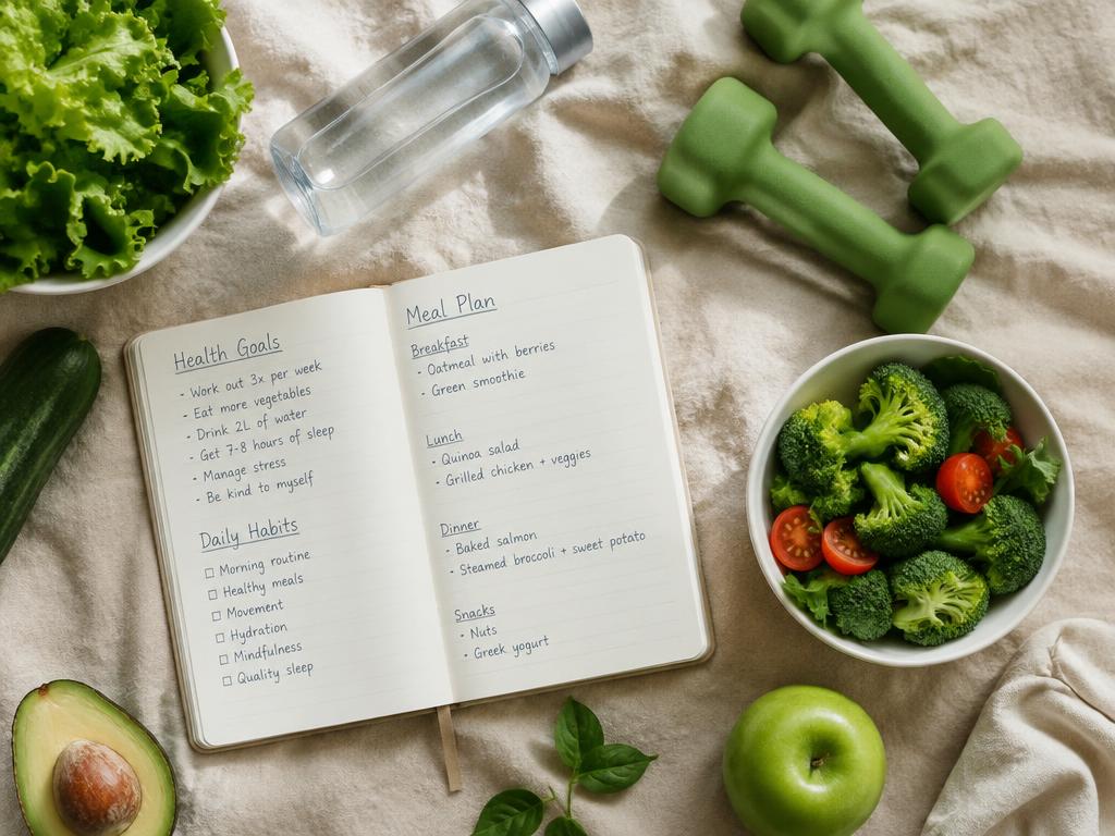 Cuaderno de metas de salud con vegetales, mancuernas y botella de agua