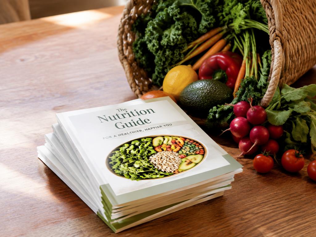 Pila de guías de nutrición impresas junto a una canasta de verduras frescas